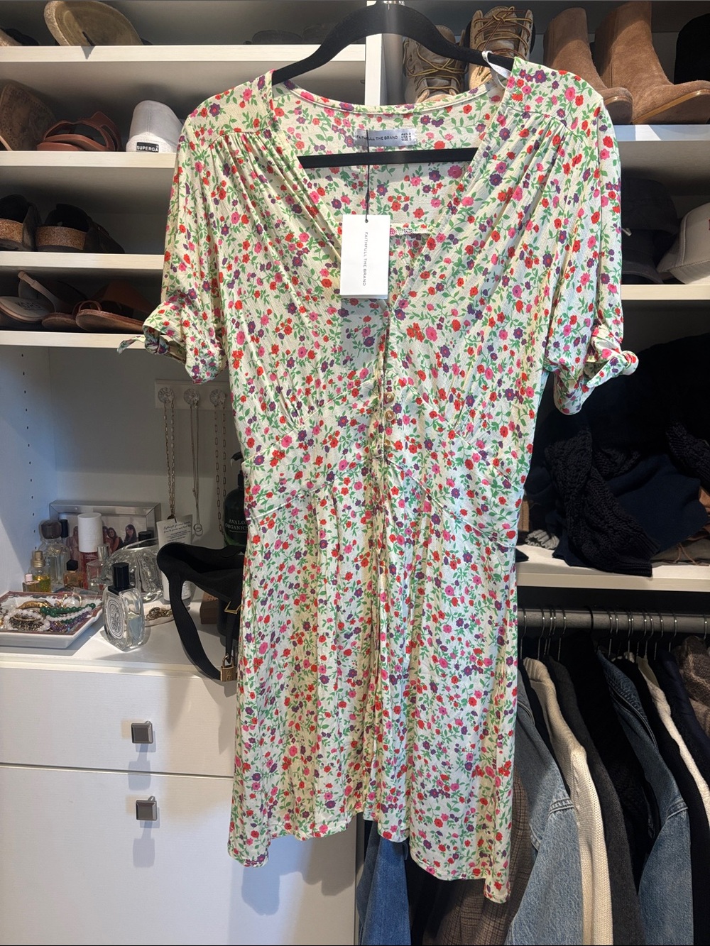 NWT Faithfull the Brand Marianne -Bastille Mini Dress with Pink & Green